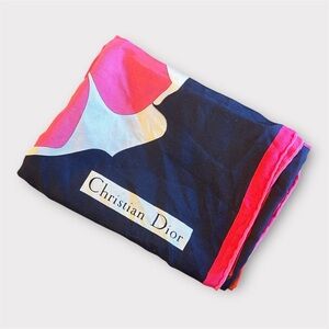 CHRISTIAN DIOR Floral Silk Scarf – Navy & Pink Statement Print